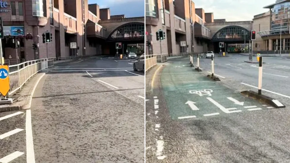 A comparison image of the bike lane before and after the 2026 shortening