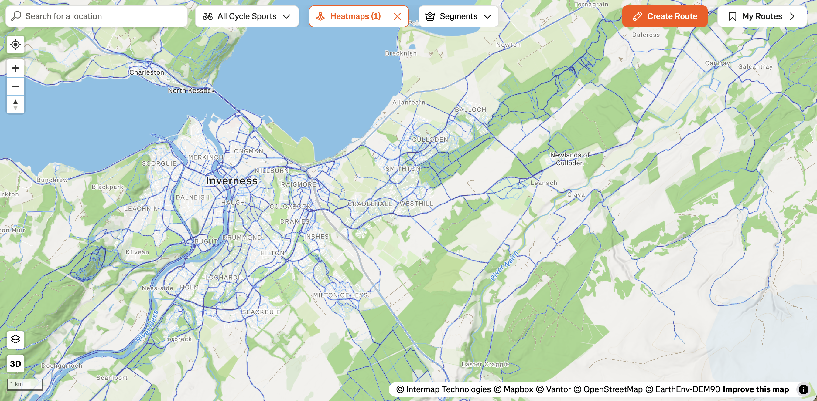 Strava heatmap of Inverness showing activity as blue lines. The densest lines run through the city centre, along the River Ness, and east through Millburn and Raigmore towards Smithton and Culloden. The southern residential areas have lighter coverage, and the surrounding countryside is sparse.